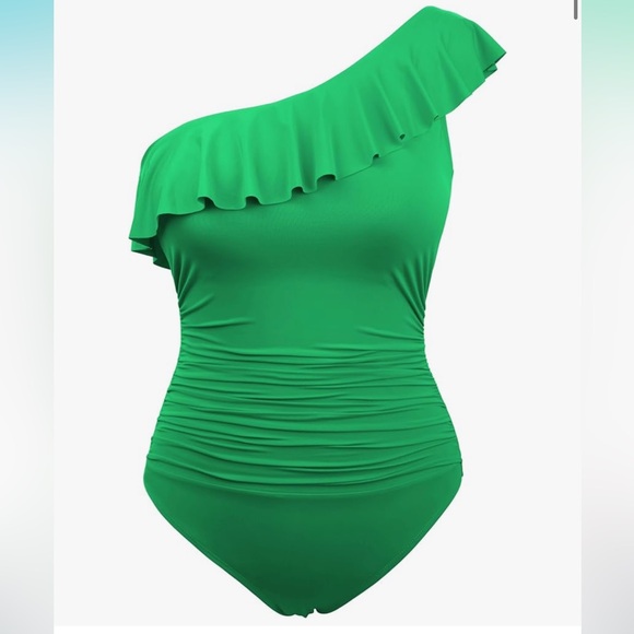 Green Ruffled One-Shoulder swimsuit - Picture 5 of 8
